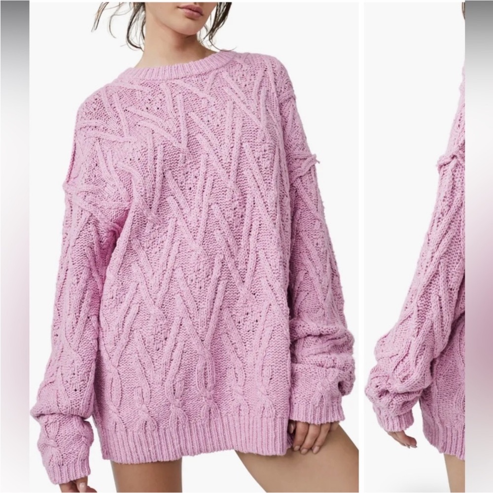 Free People Pink Frosting Oversized Soft Cable Knit Crew Neck Sweater!